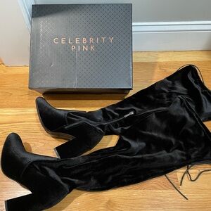 Celebrity Pink Black Heeled Boots with Stiletto